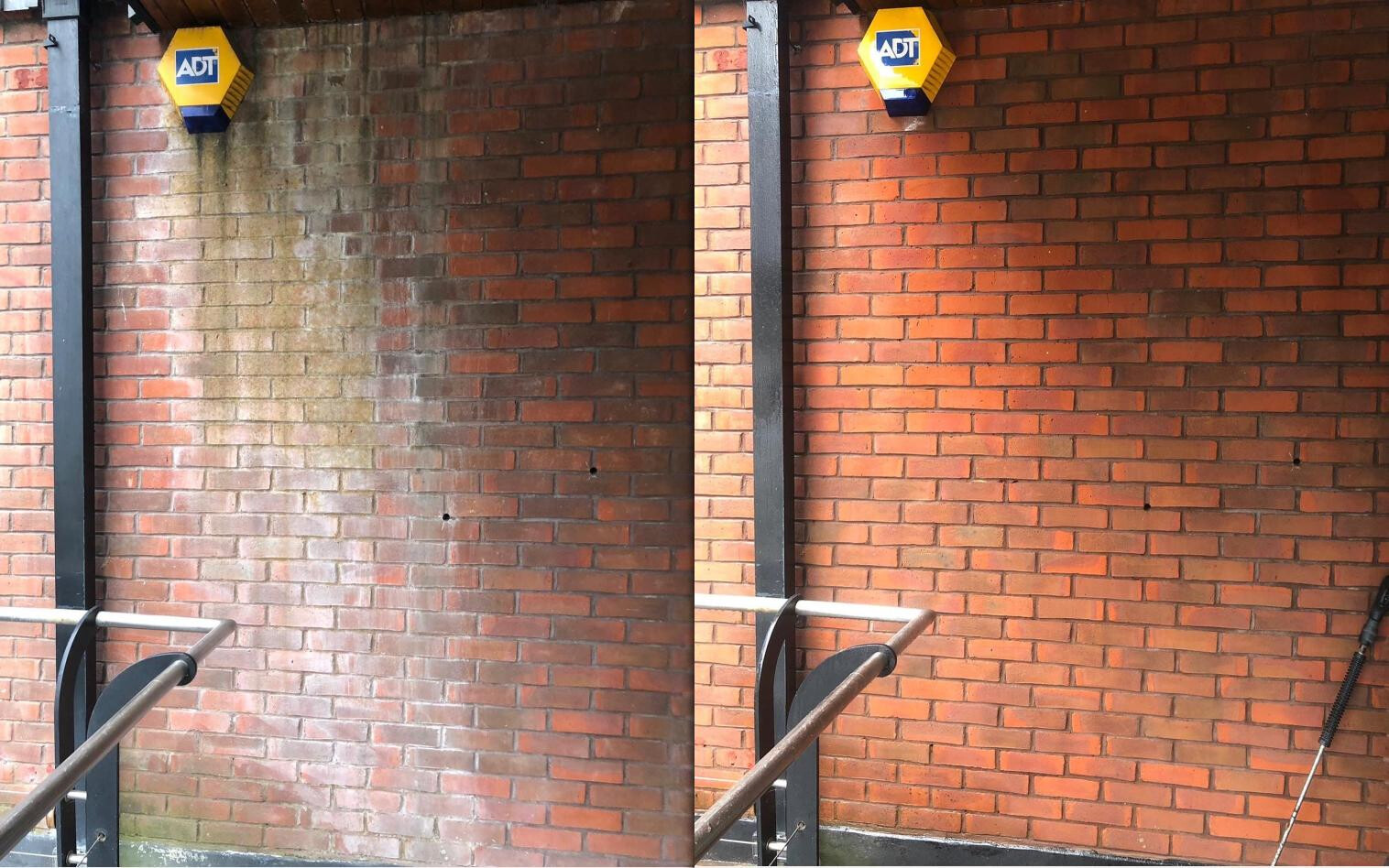 Before cleaning and after cleaning shot of a brick wall 